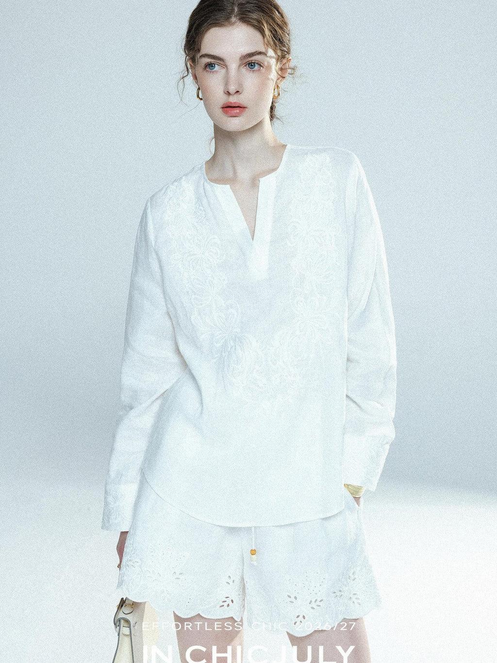 chicjuly French Embroidered Applique Lace Cutout V-neck Women's Linen Top & Shorts Sets
