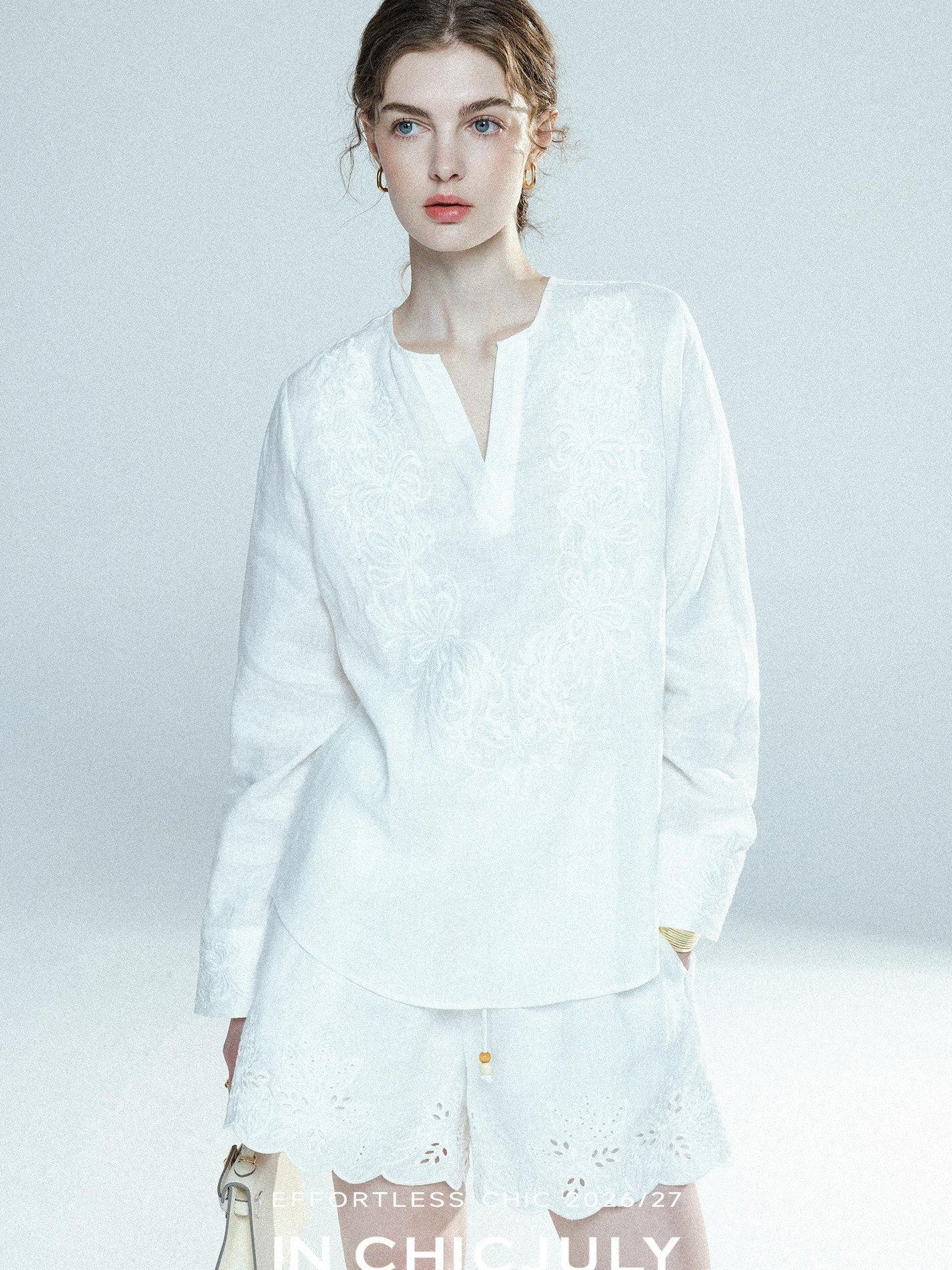 chicjuly French Embroidered Applique Lace Cutout V-neck Women's Linen Top & Shorts Sets