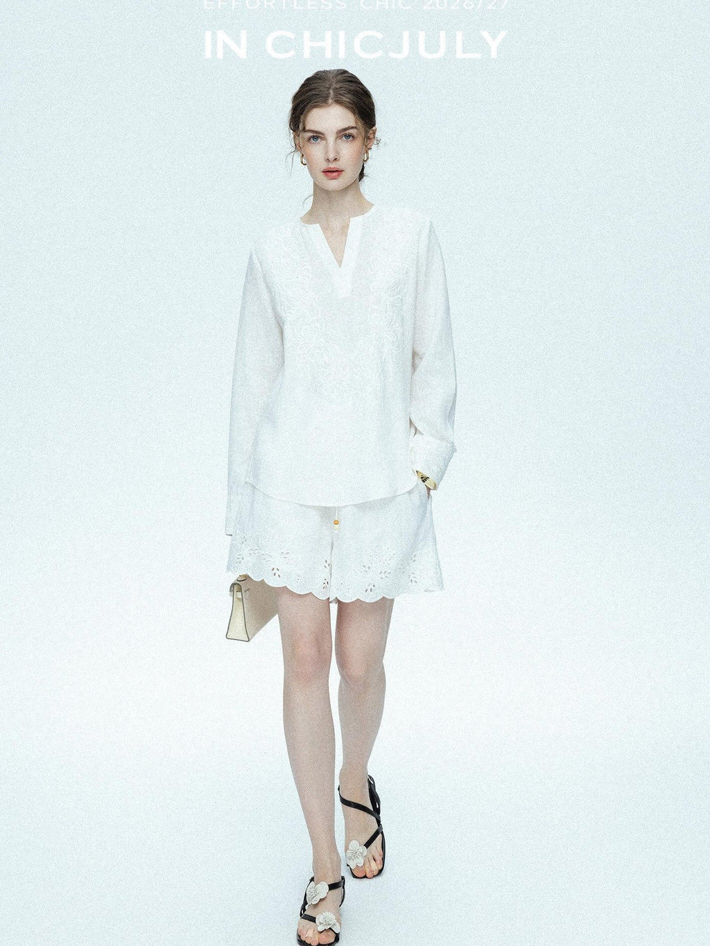 chicjuly French Embroidered Applique Lace Cutout V-neck Women's Linen Top & Shorts Sets