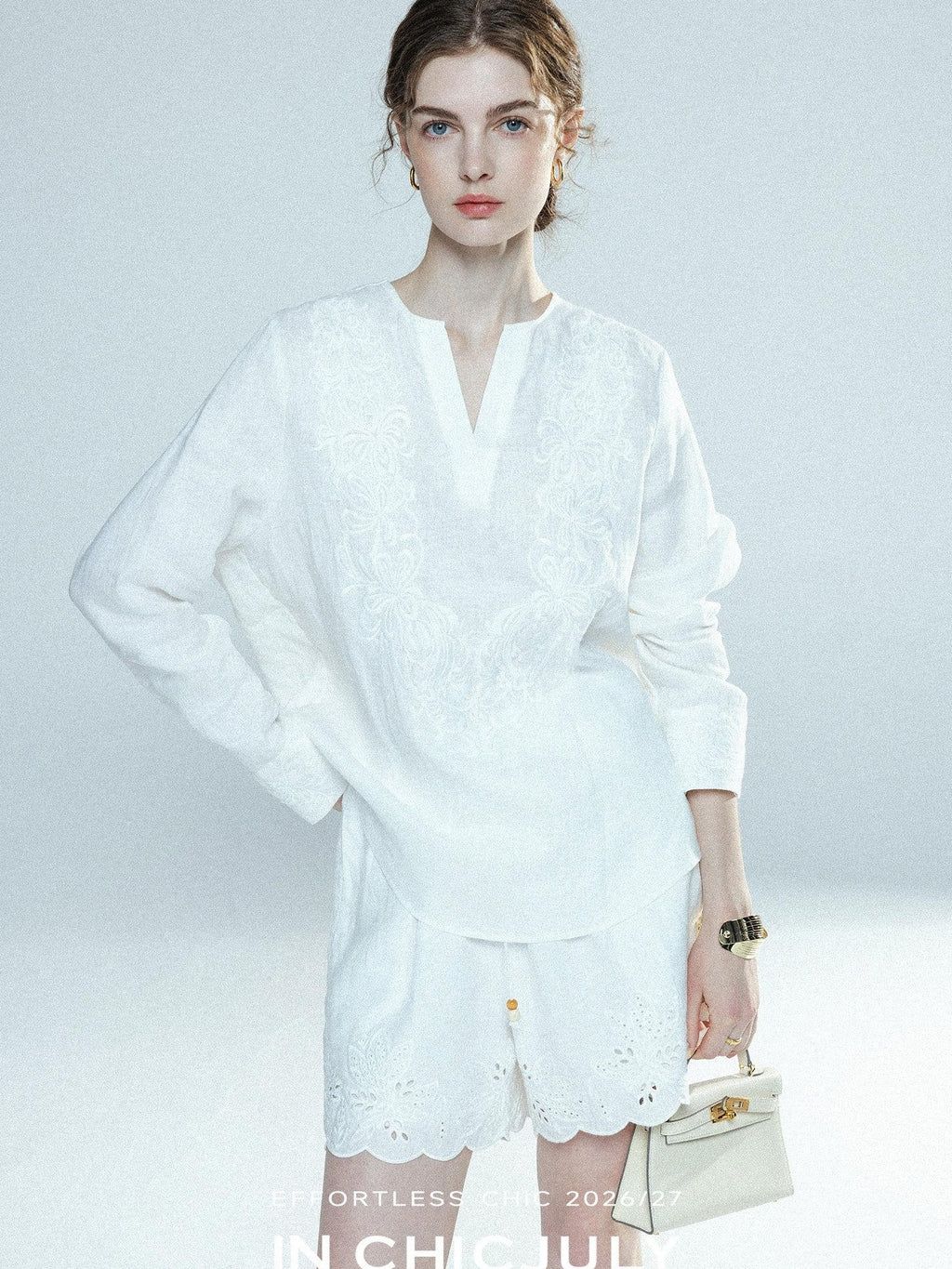 chicjuly French Embroidered Applique Lace Cutout V-neck Women's Linen Top & Shorts Sets