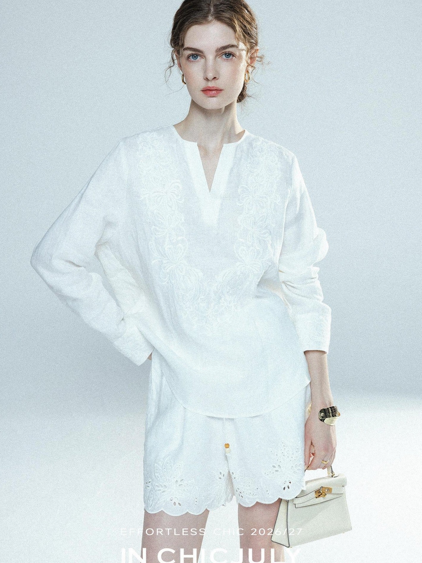 chicjuly French Embroidered Applique Lace Cutout V-neck Women's Linen Top & Shorts Sets