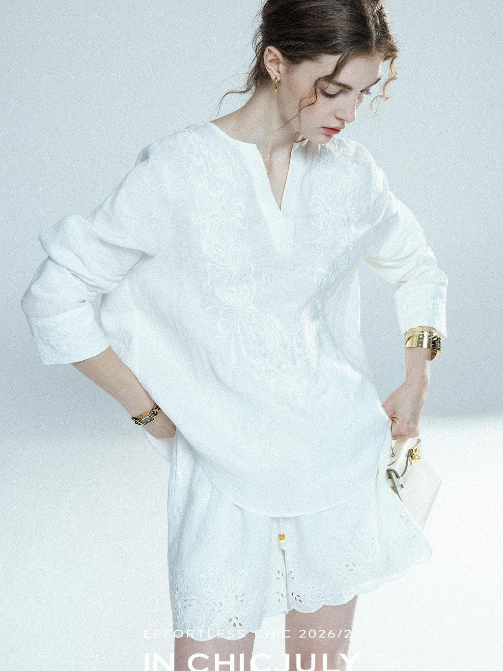 chicjuly French Embroidered Applique Lace Cutout V-neck Women's Linen Top & Shorts Sets