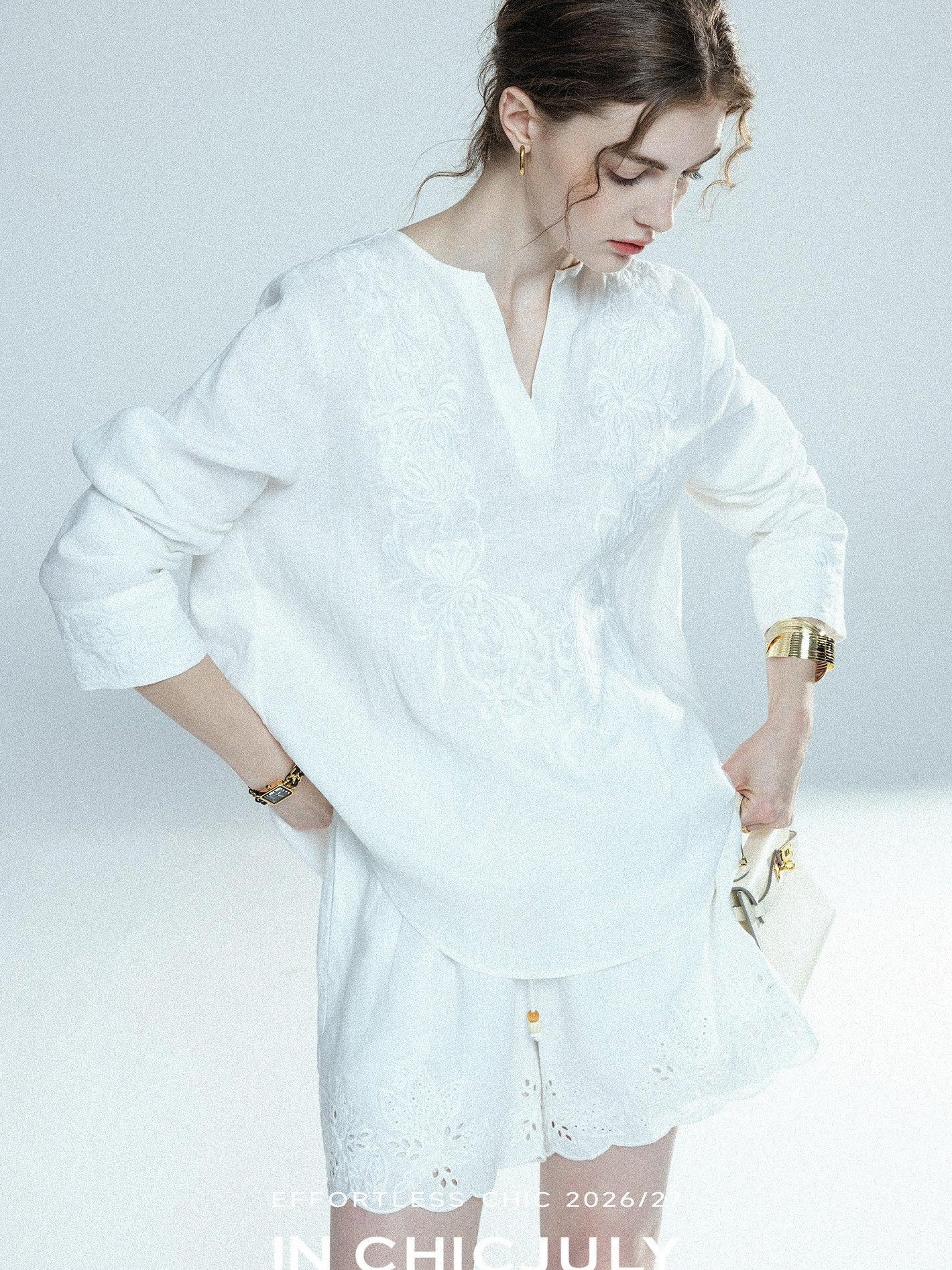 chicjuly French Embroidered Applique Lace Cutout V-neck Women's Linen Top & Shorts Sets