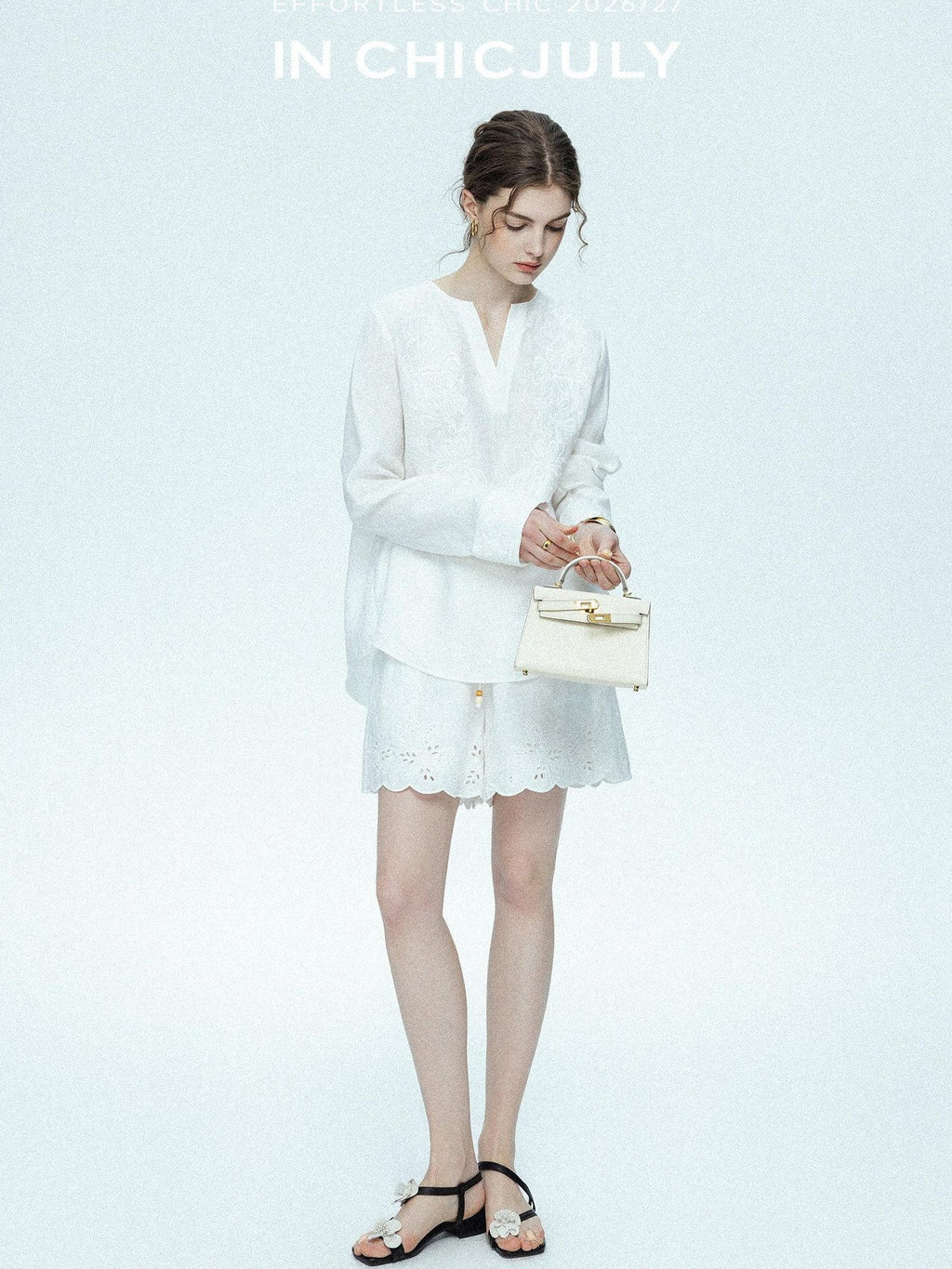 chicjuly French Embroidered Applique Lace Cutout V-neck Women's Linen Top & Shorts Sets