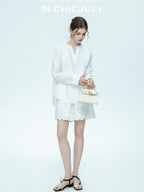 chicjuly French Embroidered Applique Lace Cutout V-neck Women's Linen Top & Shorts Sets