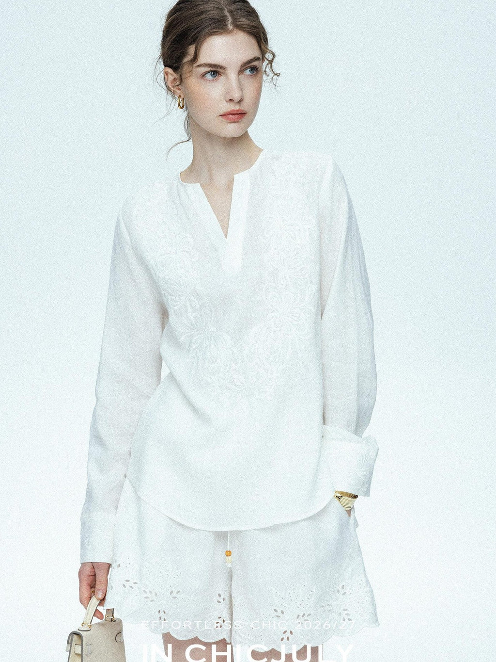 chicjuly French Embroidered Applique Lace Cutout V-neck Women's Linen Top & Shorts Sets