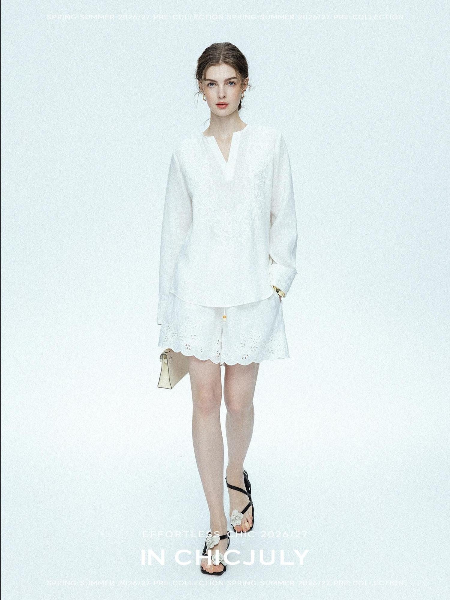 chicjuly French Embroidered Applique Lace Cutout V-neck Women's Linen Top & Shorts Sets