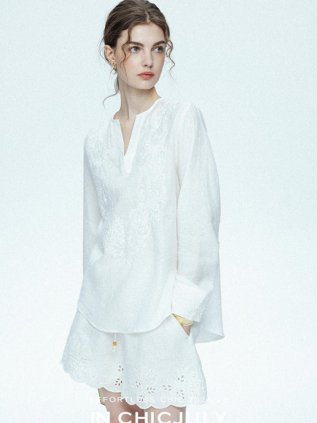 chicjuly French Embroidered Applique Lace Cutout V-neck Women's Linen Top & Shorts Sets