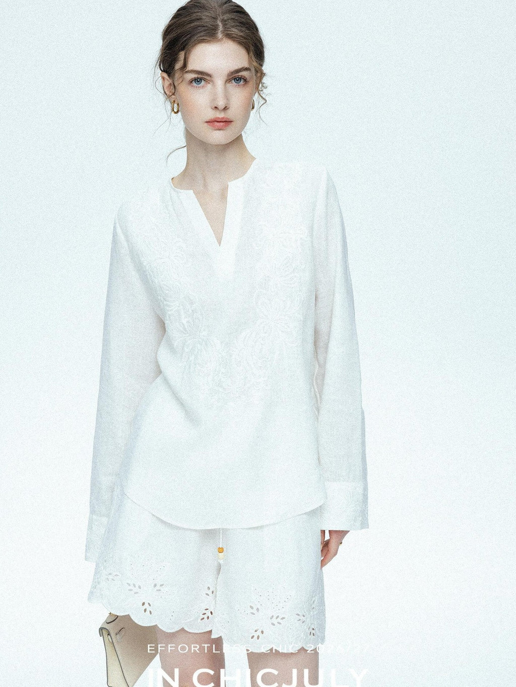 chicjuly French Embroidered Applique Lace Cutout V-neck Women's Linen Top & Shorts Sets