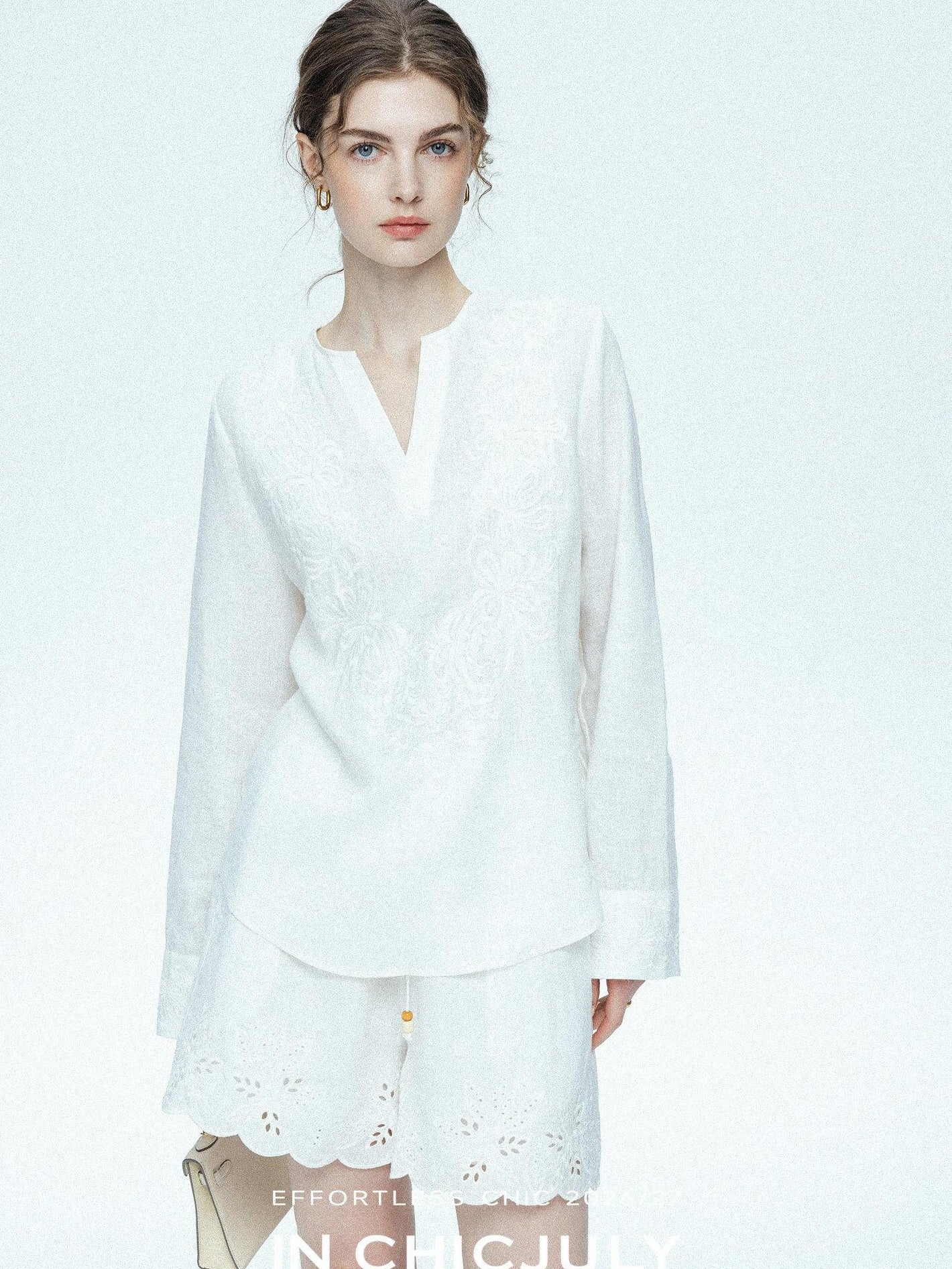 chicjuly French Embroidered Applique Lace Cutout V-neck Women's Linen Top & Shorts Sets