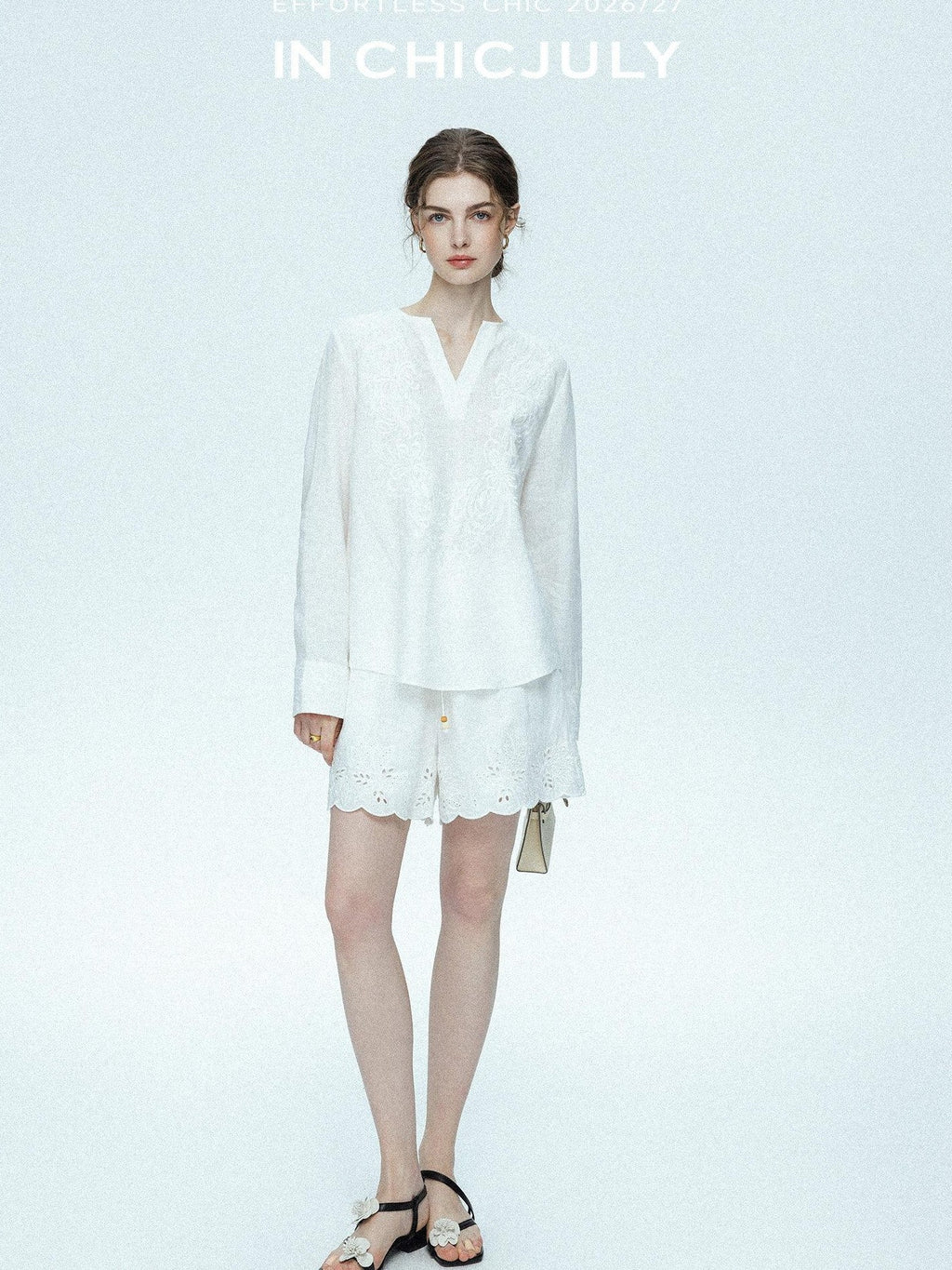 chicjuly French Embroidered Applique Lace Cutout V-neck Women's Linen Top & Shorts Sets