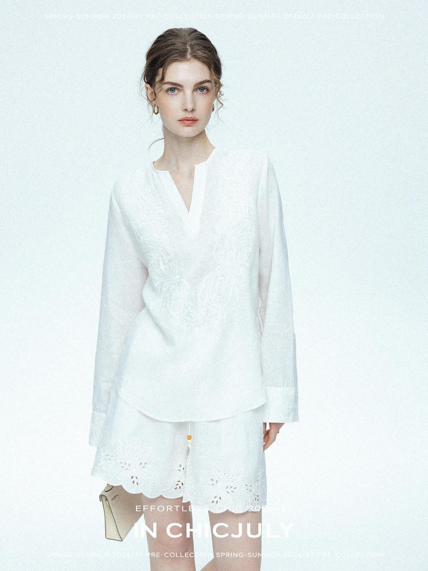 chicjuly French Embroidered Applique Lace Cutout V-neck Women's Linen Top & Shorts Sets