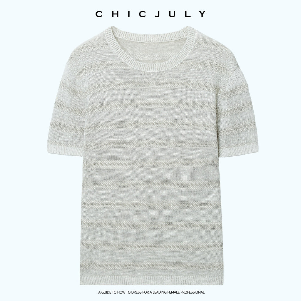 chicjuly French Relaxed Knit Striped Minimalist Women's Linen Short Sleeve T-shirts 1058111280875