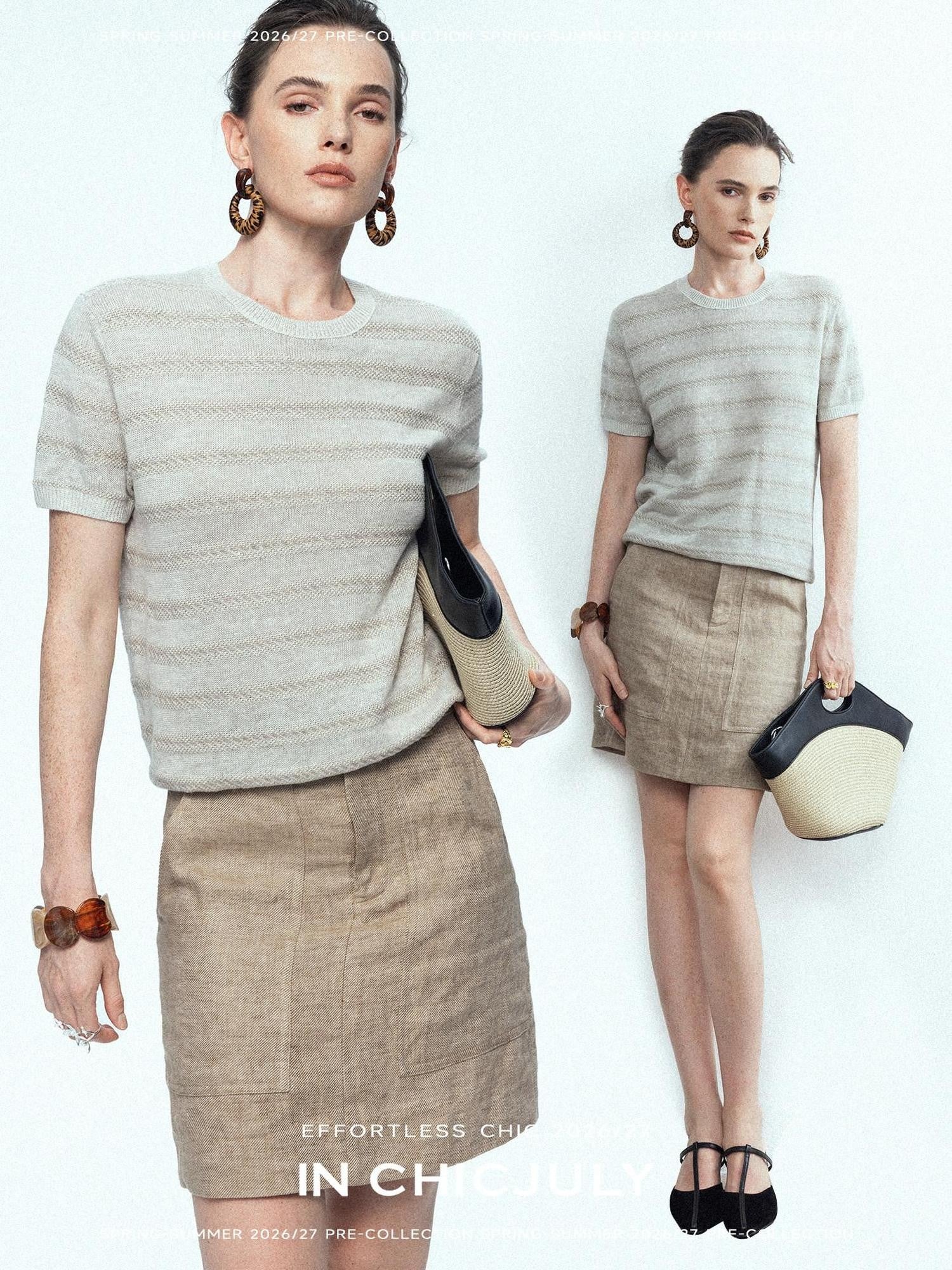 chicjuly French Relaxed Knit Striped Minimalist Women's Linen Short Sleeve T-shirts