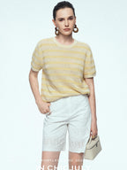 chicjuly French Relaxed Knit Striped Minimalist Women's Linen Short Sleeve T-shirts