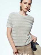 chicjuly French Relaxed Knit Striped Minimalist Women's Linen Short Sleeve T-shirts