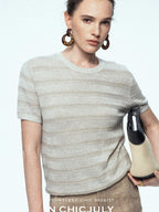 chicjuly French Relaxed Knit Striped Minimalist Women's Linen Short Sleeve T-shirts