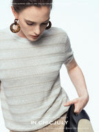chicjuly French Relaxed Knit Striped Minimalist Women's Linen Short Sleeve T-shirts