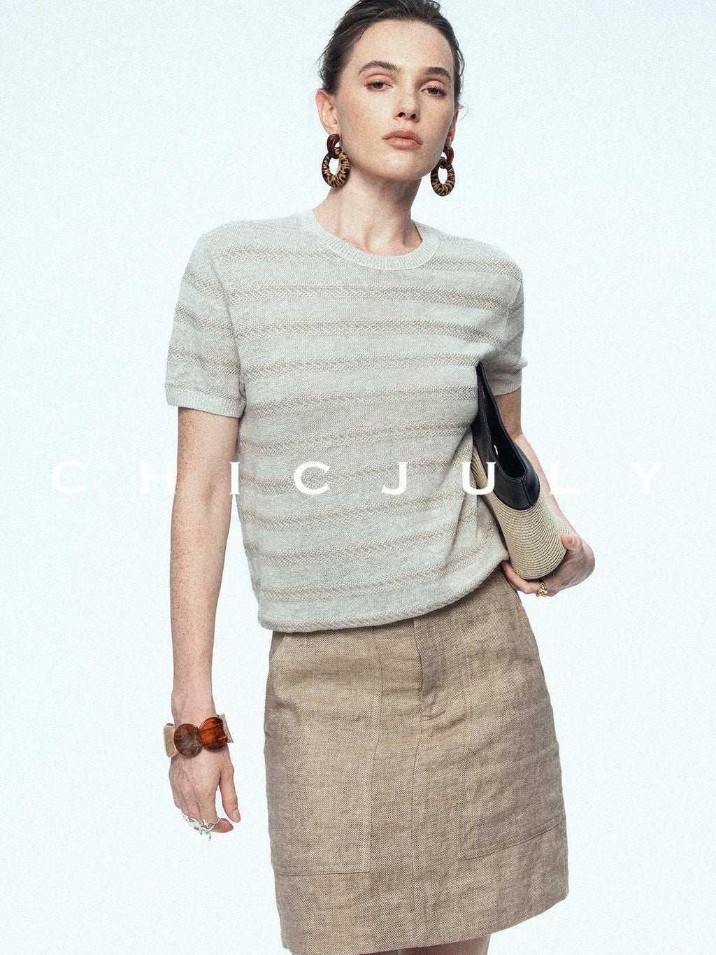 chicjuly French Relaxed Knit Striped Minimalist Women's Linen Short Sleeve T-shirts