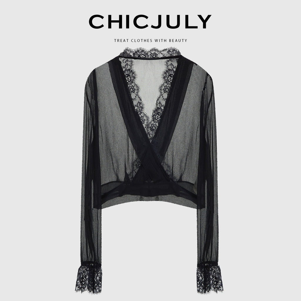 chicjuly French Romantic Lace Trim Ruffle V-neck Cardigan Short Women's Polyester Blouses 917710329877