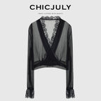 chicjuly French Romantic Lace Trim Ruffle V-neck Cardigan Short Women's Polyester Blouses 917710329877