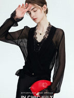 chicjuly French Romantic Lace Trim Ruffle V-neck Cardigan Short Women's Polyester Blouses