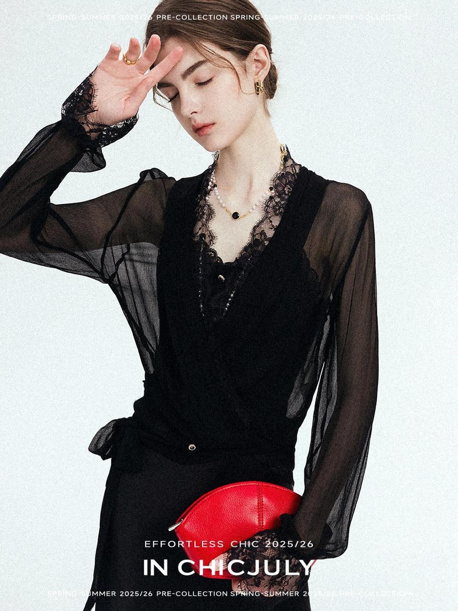 chicjuly French Romantic Lace Trim Ruffle V-neck Cardigan Short Women's Polyester Blouses
