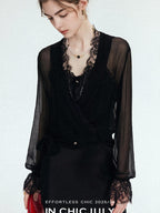 chicjuly French Romantic Lace Trim Ruffle V-neck Cardigan Short Women's Polyester Blouses
