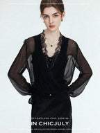 chicjuly French Romantic Lace Trim Ruffle V-neck Cardigan Short Women's Polyester Blouses