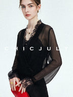 chicjuly French Romantic Lace Trim Ruffle V-neck Cardigan Short Women's Polyester Blouses