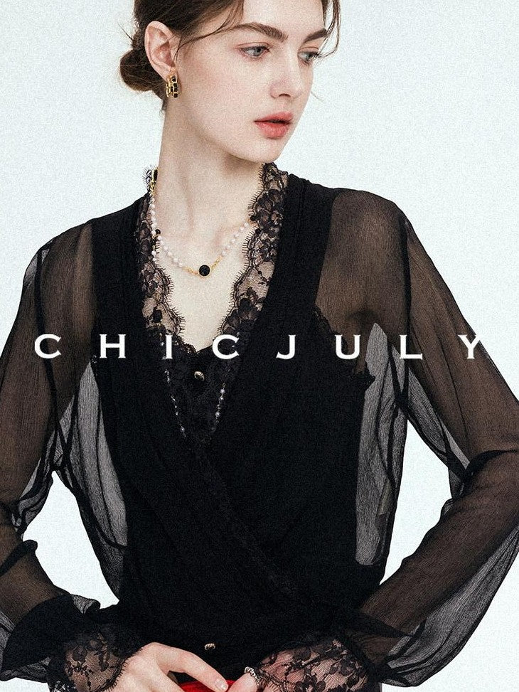 chicjuly French Romantic Lace Trim Ruffle V-neck Cardigan Short Women's Polyester Blouses