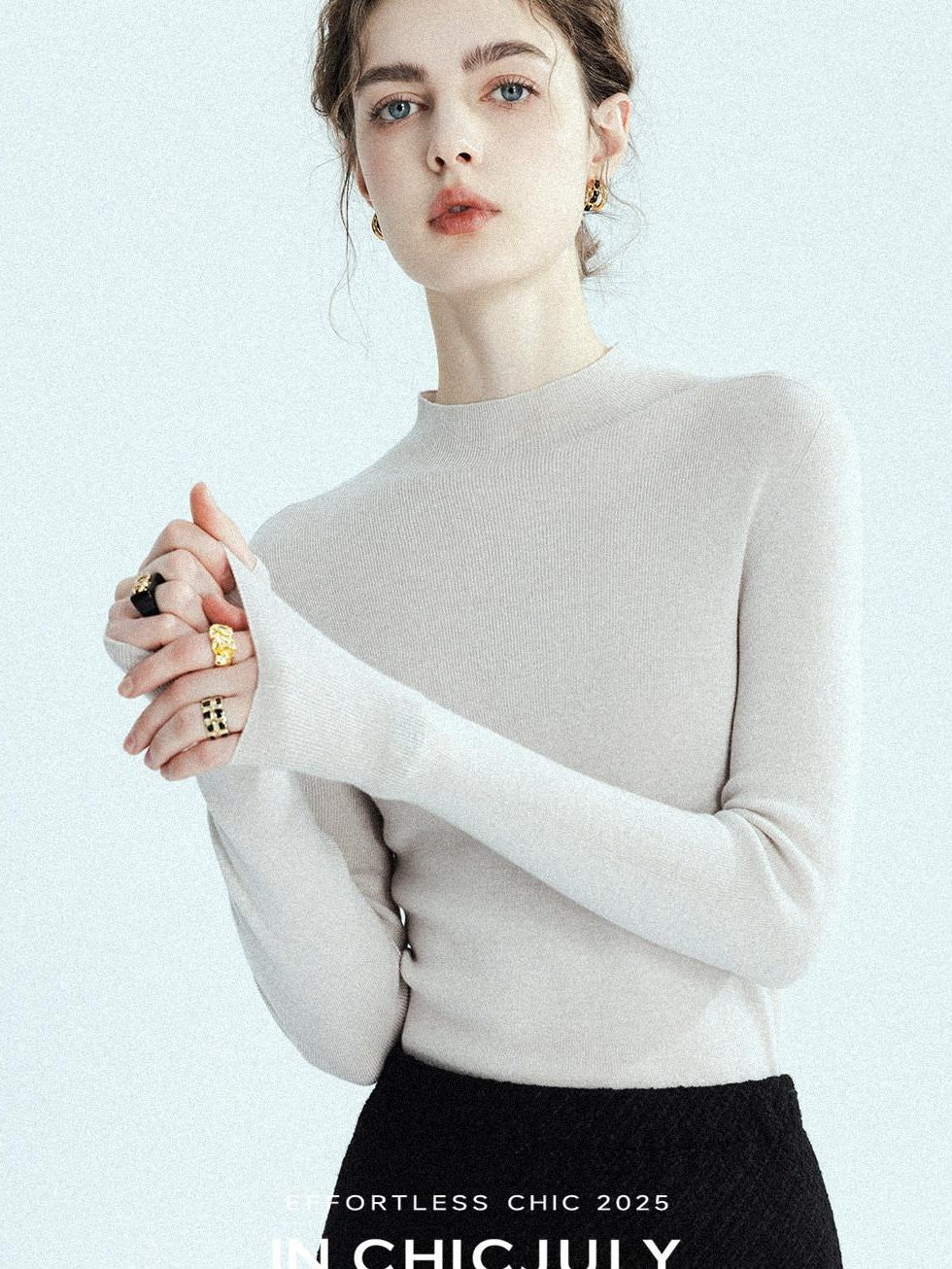 chicjuly Glitter Twin Star Minimal High Neck Women's Wool Long Sleeve T-shirts