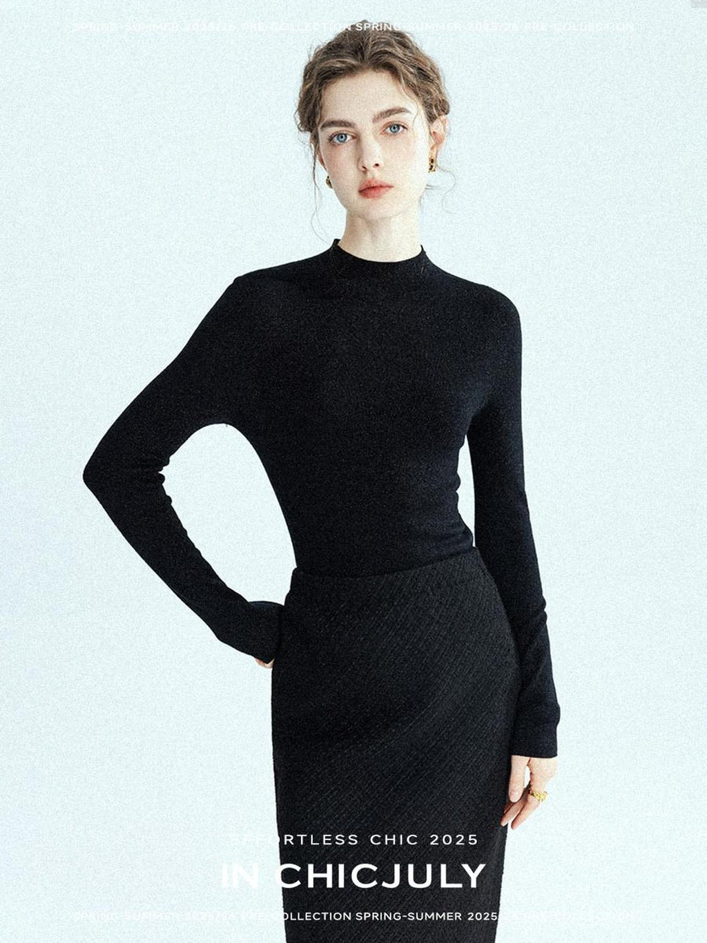 chicjuly Glitter Twin Star Minimal High Neck Women's Wool Long Sleeve T-shirts