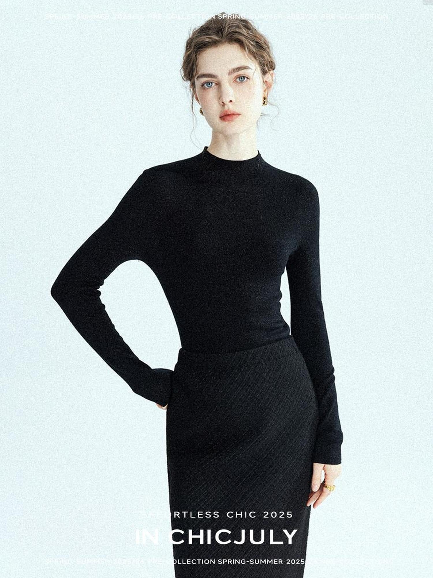 chicjuly Glitter Twin Star Minimal High Neck Women's Wool Long Sleeve T-shirts