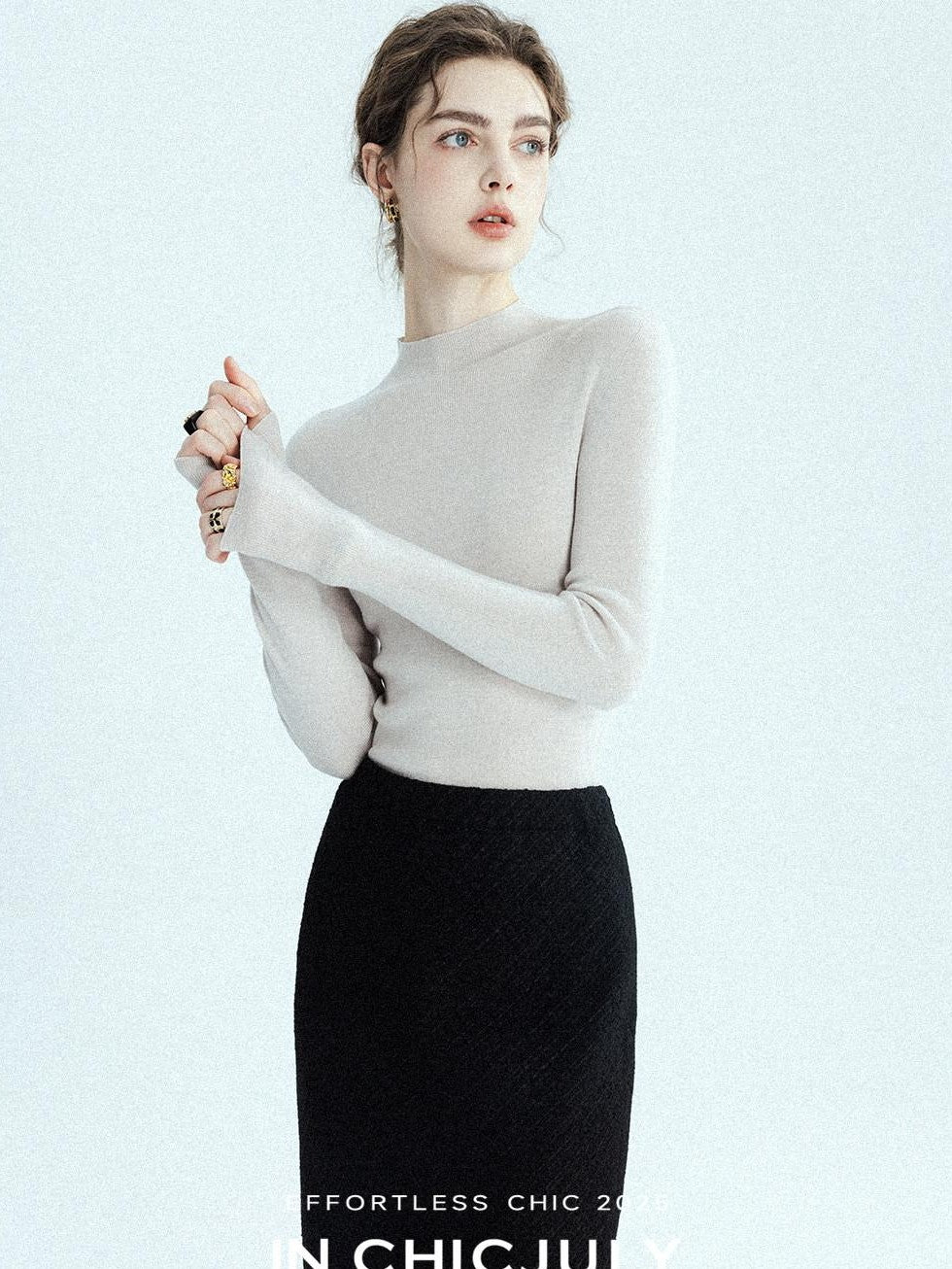 chicjuly Glitter Twin Star Minimal High Neck Women's Wool Long Sleeve T-shirts