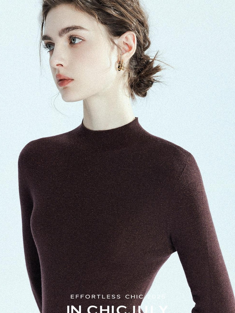 chicjuly Glitter Twin Star Minimal High Neck Women's Wool Long Sleeve T-shirts