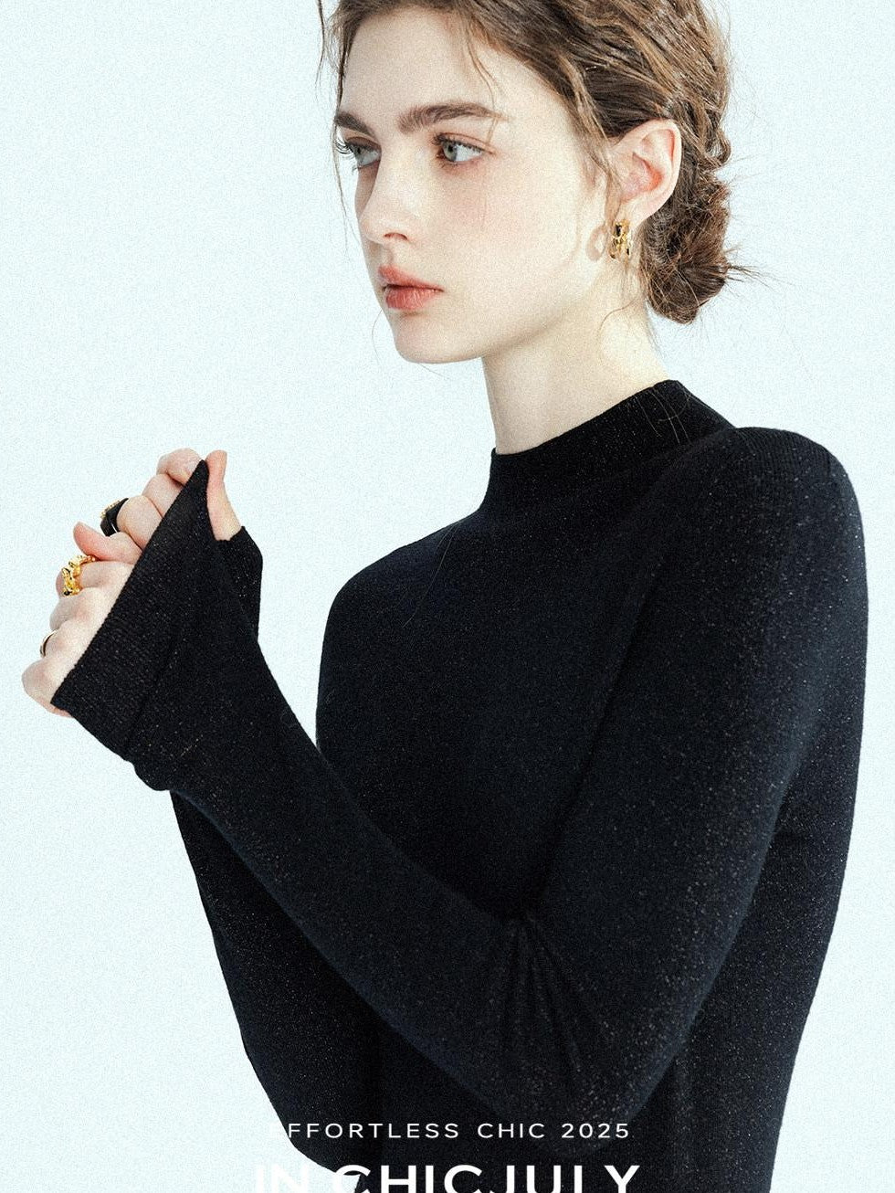 chicjuly Glitter Twin Star Minimal High Neck Women's Wool Long Sleeve T-shirts