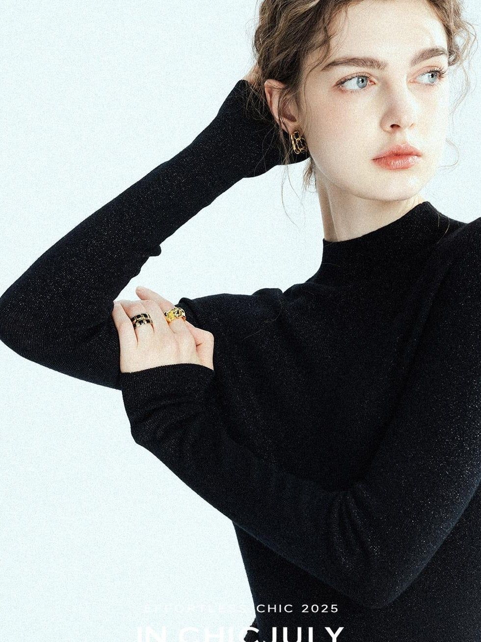 chicjuly Glitter Twin Star Minimal High Neck Women's Wool Long Sleeve T-shirts