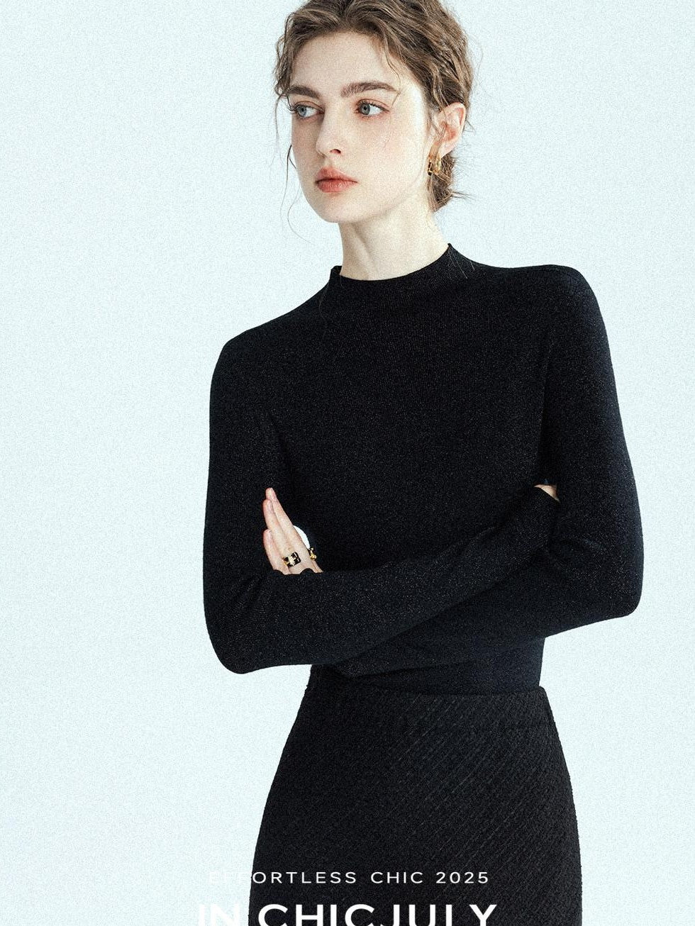 chicjuly Glitter Twin Star Minimal High Neck Women's Wool Long Sleeve T-shirts
