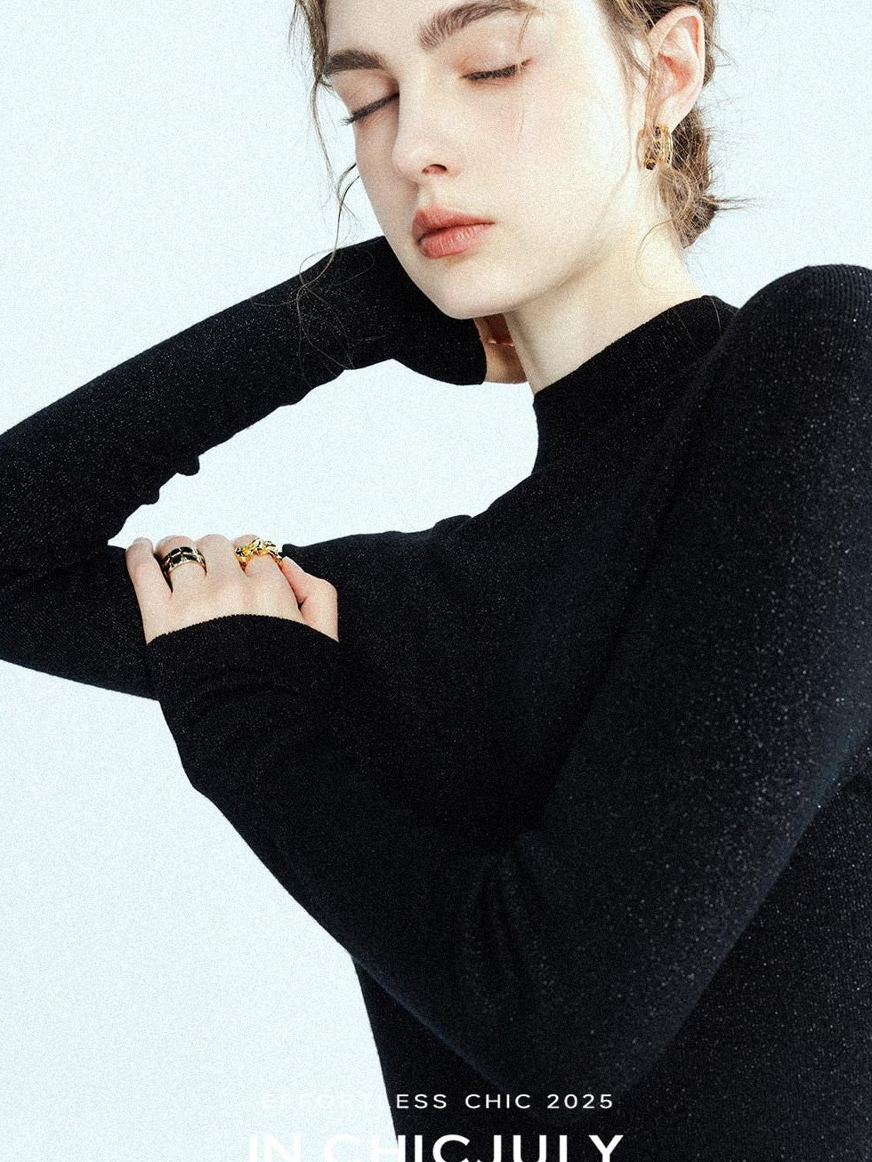 chicjuly Glitter Twin Star Minimal High Neck Women's Wool Long Sleeve T-shirts