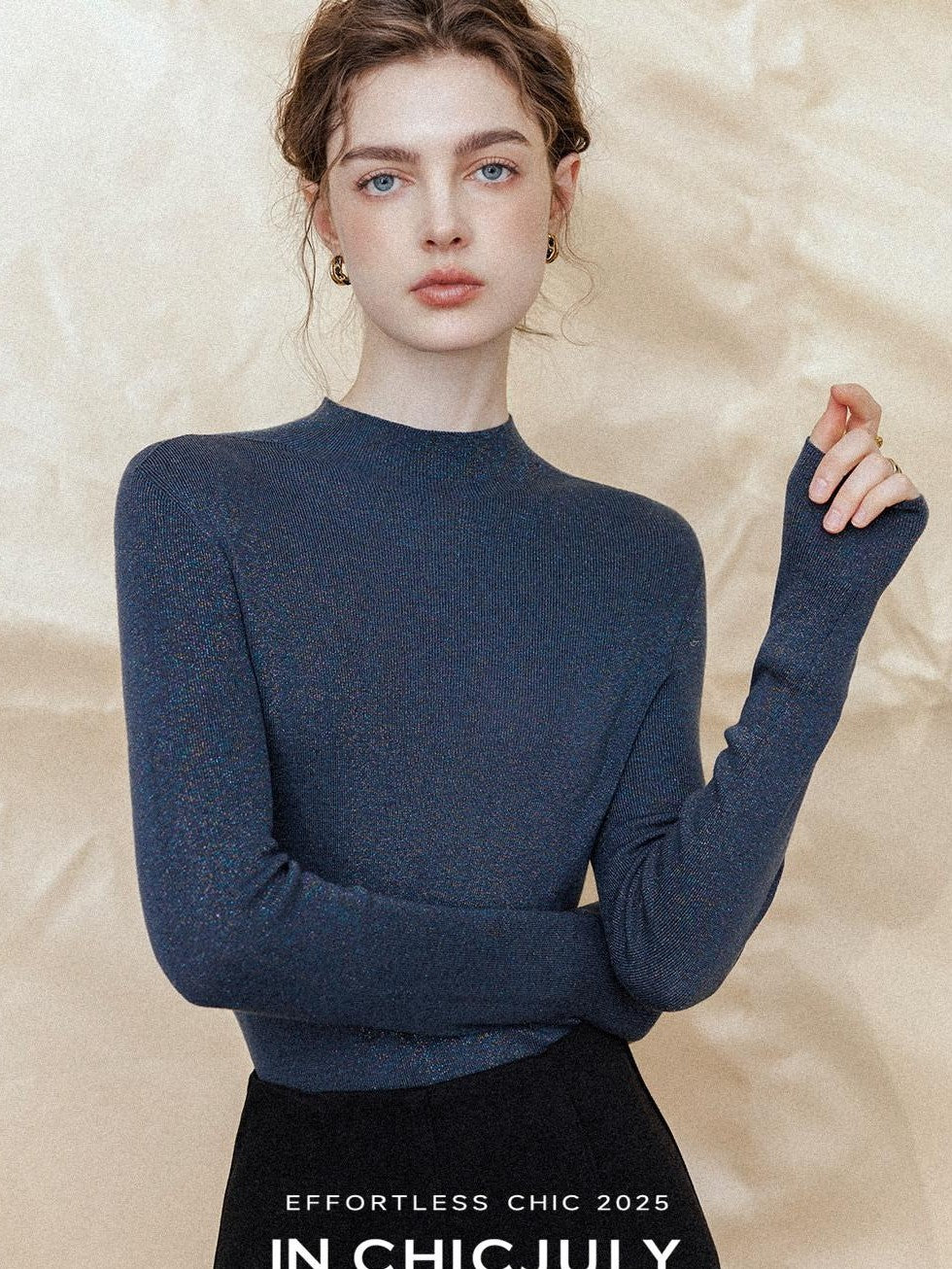 chicjuly Glitter Twin Star Minimal High Neck Women's Wool Long Sleeve T-shirts