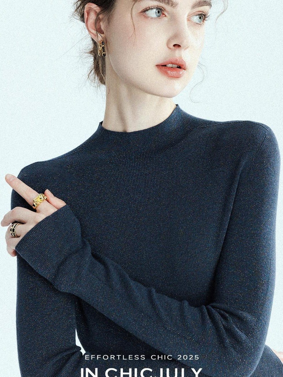chicjuly Glitter Twin Star Minimal High Neck Women's Wool Long Sleeve T-shirts