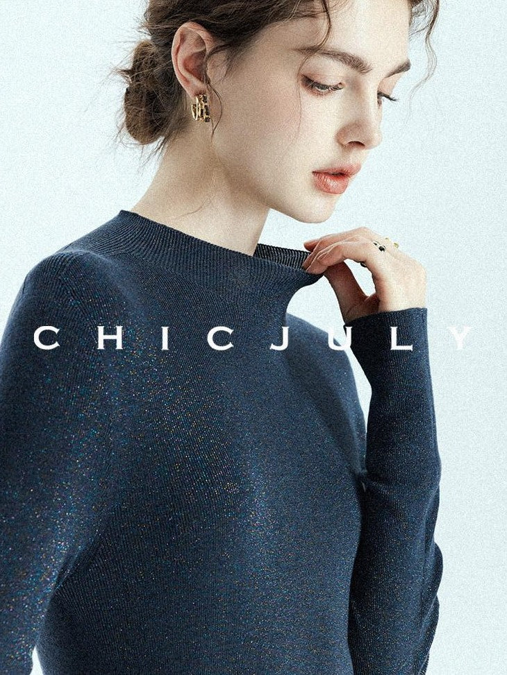 chicjuly Glitter Twin Star Minimal High Neck Women's Wool Long Sleeve T-shirts