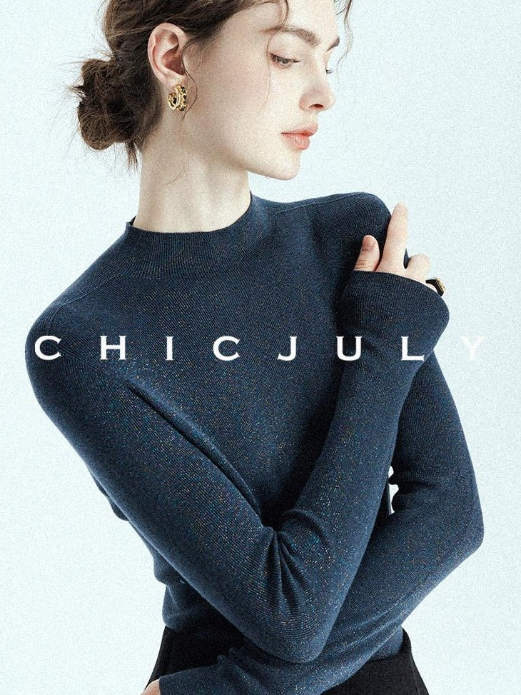 chicjuly Glitter Twin Star Minimal High Neck Women's Wool Long Sleeve T-shirts