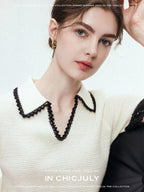 chicjuly Hand Knit Henley Collar Women's Linen Wool Short Sleeve T-shirts