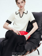 chicjuly Hand Knit Henley Collar Women's Linen Wool Short Sleeve T-shirts