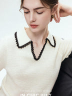 chicjuly Hand Knit Henley Collar Women's Linen Wool Short Sleeve T-shirts