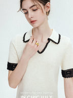 chicjuly Hand Knit Henley Collar Women's Linen Wool Short Sleeve T-shirts
