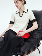 chicjuly Hand Knit Henley Collar Women's Linen Wool Short Sleeve T-shirts