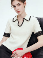 chicjuly Hand Knit Henley Collar Women's Linen Wool Short Sleeve T-shirts